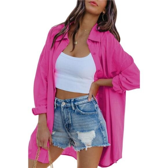 Tops - Women's Oversized Button Down Shirts Casual Loose Long Sleeve Long Blouse